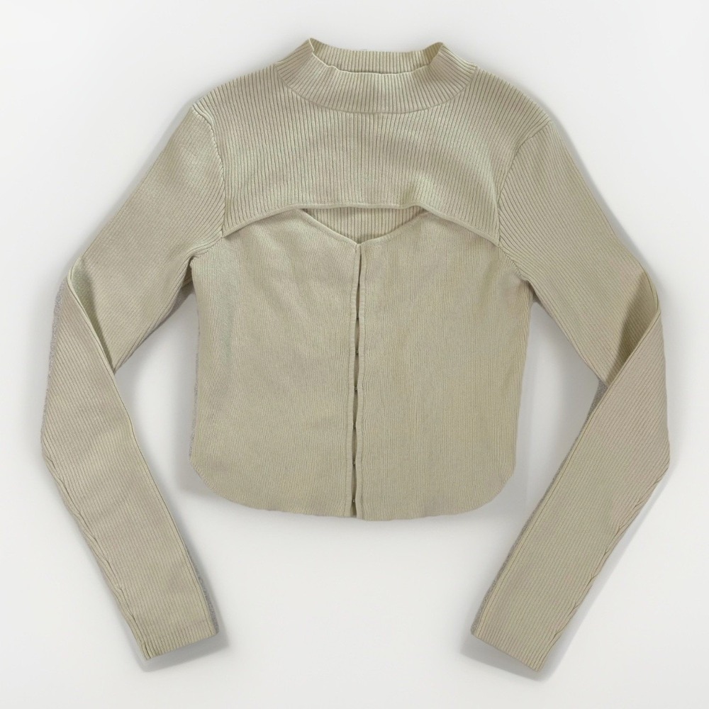 Open Edit Ribbed Mock Neck Hook-and-Eye Top Womens Medium Cream‎ Cutout Shrug